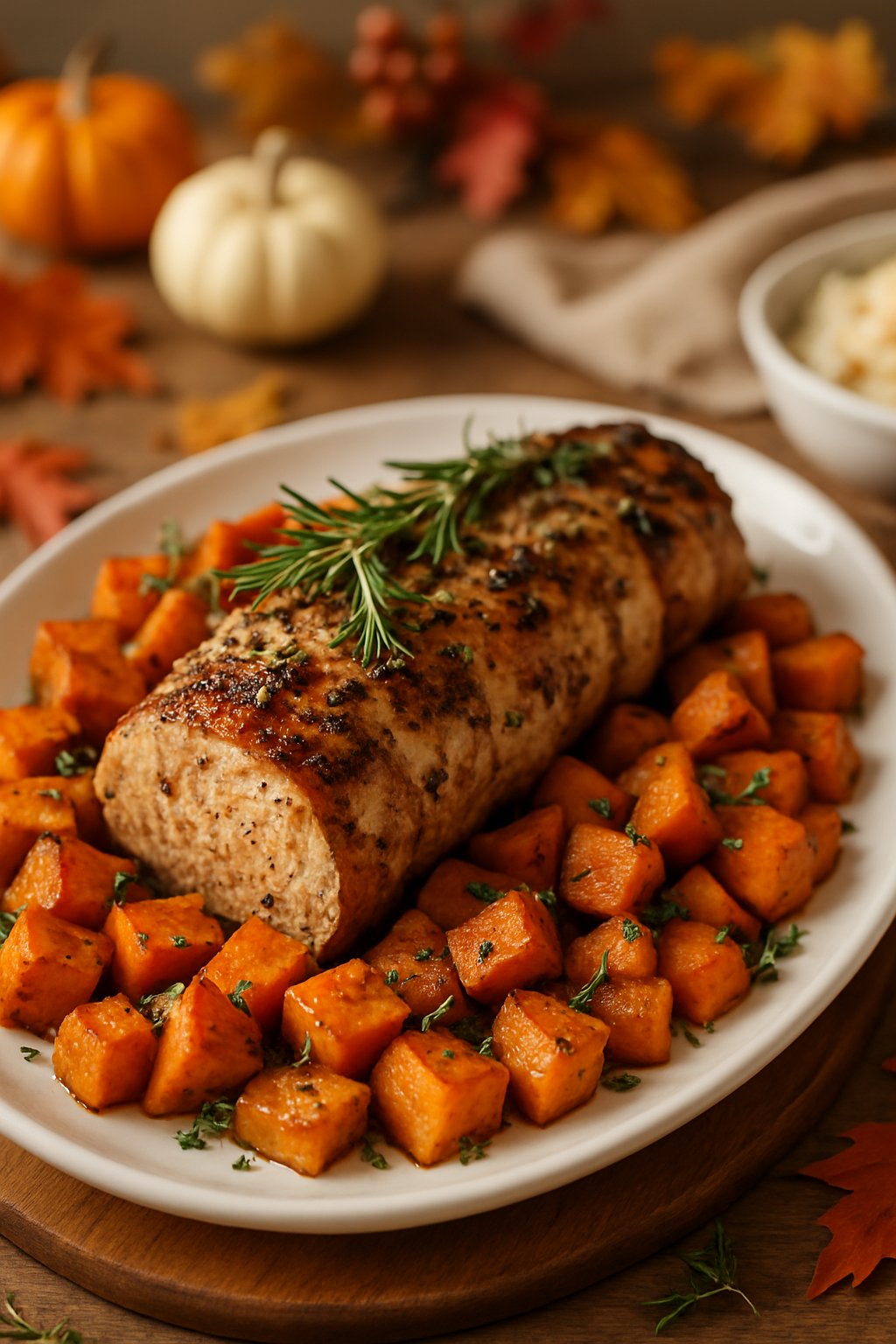 A roasted garlic and herb pork tenderloin with roasted sweet potatoes on a serving platter, surrounded by autumn decorations.