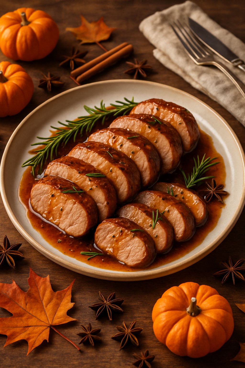 Sliced maple-glazed pork tenderloin garnished with rosemary on a plate surrounded by autumn decorations.