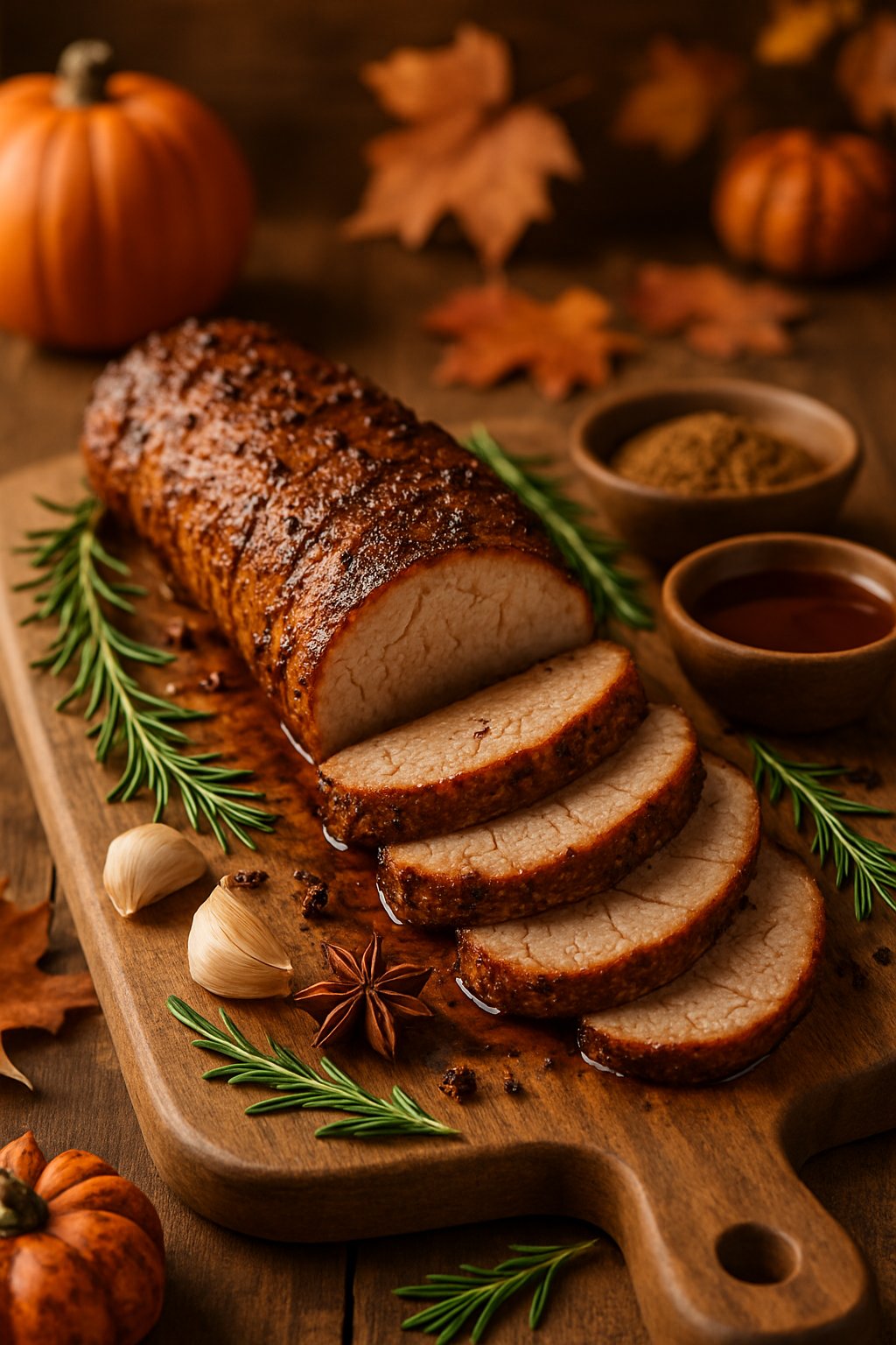 Sliced maple-glazed pork tenderloin on a wooden board with spices and autumn decorations around it.