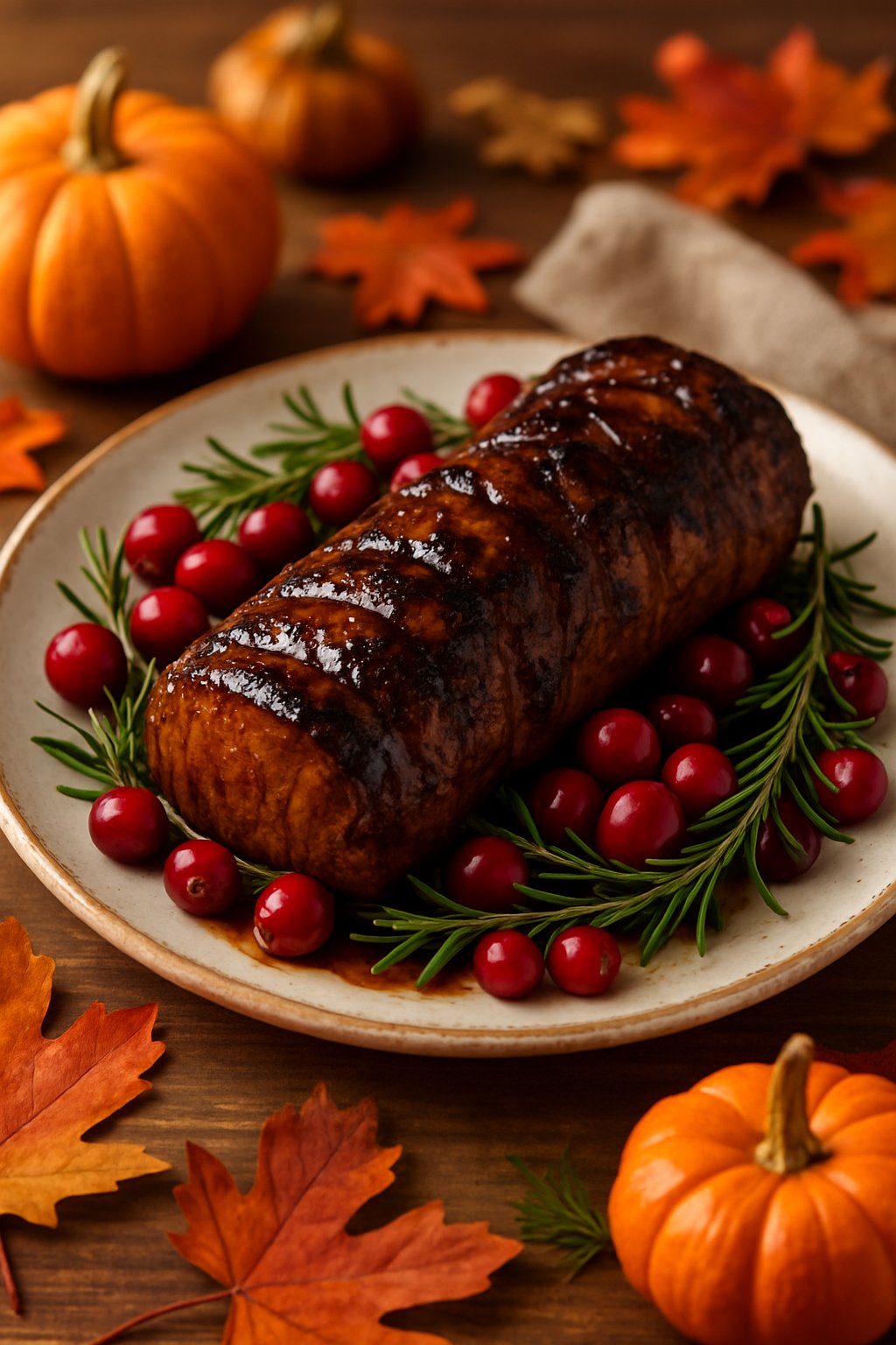 A roasted balsamic glazed pork tenderloin garnished with cranberries and rosemary on a plate surrounded by autumn decorations.