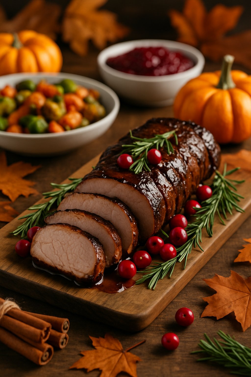 Sliced balsamic glazed pork tenderloin garnished with cranberries and rosemary on a wooden board with autumn decorations and side dishes in the background.