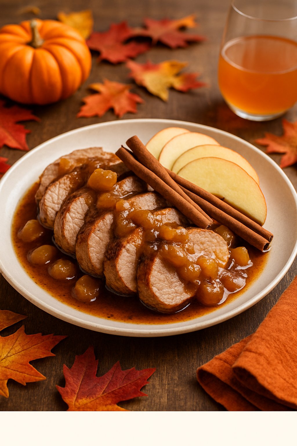 A plate of sliced pork tenderloin with apple cinnamon sauce, garnished with apple slices and cinnamon sticks on a wooden table with fall decorations.