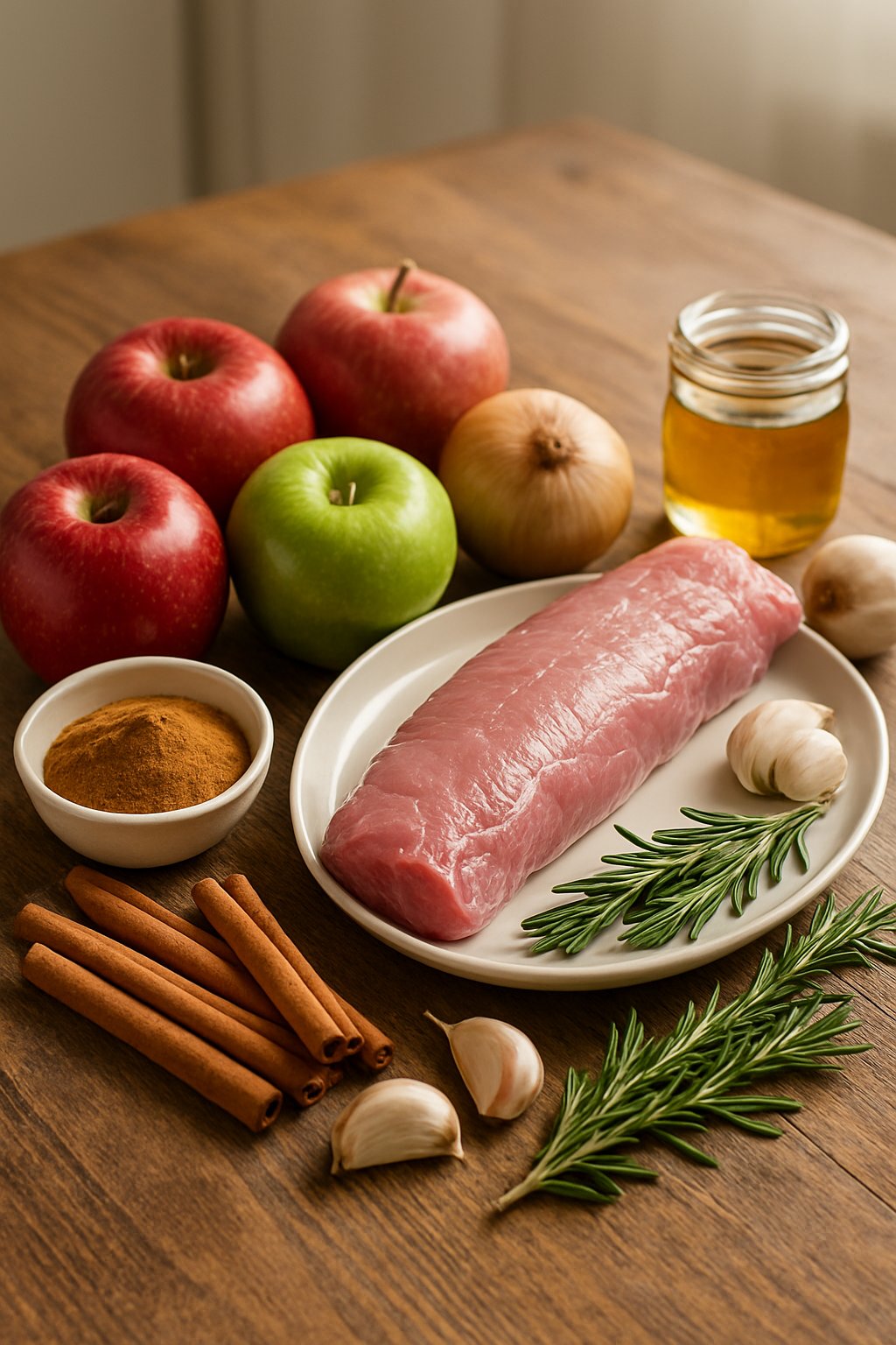 Fresh ingredients including pork tenderloin, apples, cinnamon sticks, garlic, onion, rosemary, and honey arranged on a wooden table in a kitchen.
