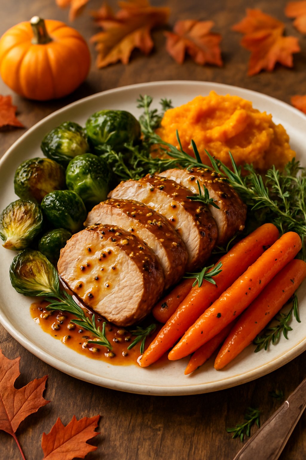 A plate of sliced honey garlic and mustard pork tenderloin with roasted vegetables and autumn-themed garnishes on a wooden table.