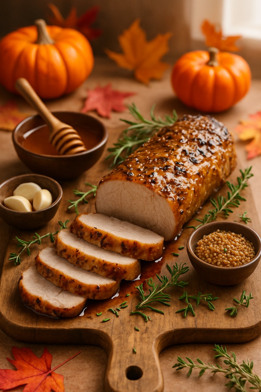 Sliced pork tenderloin glazed with honey garlic and mustard sauce on a wooden cutting board surrounded by small bowls of ingredients and autumn decorations.