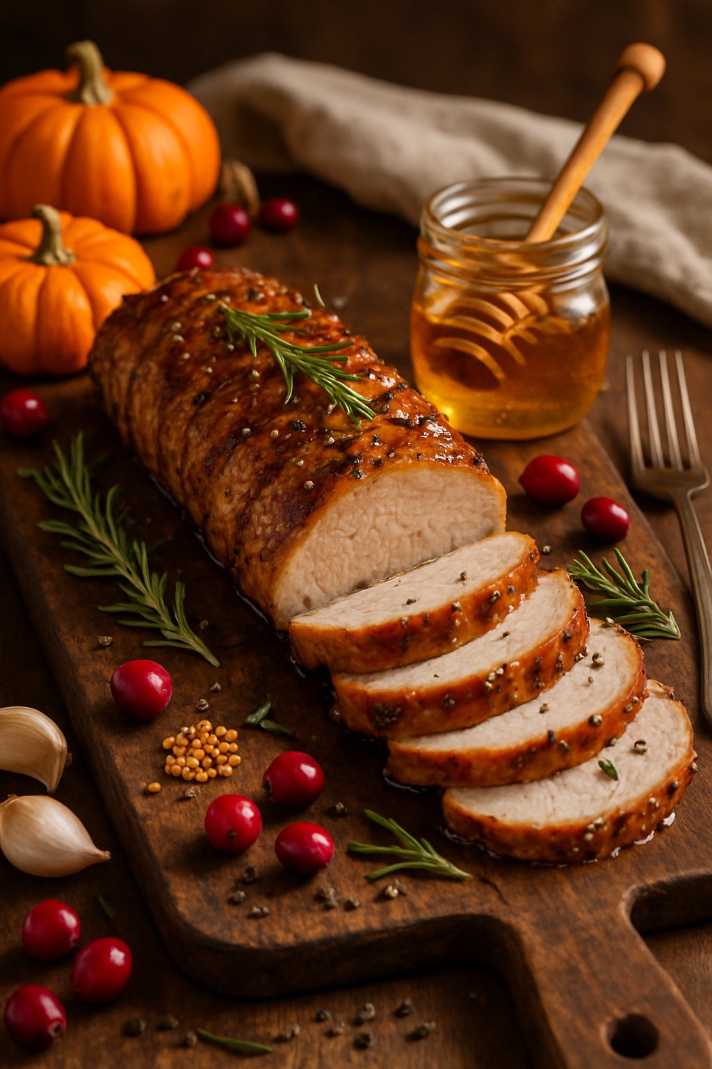 Sliced honey garlic and mustard glazed pork tenderloin on a wooden cutting board with rosemary and autumn ingredients around it.