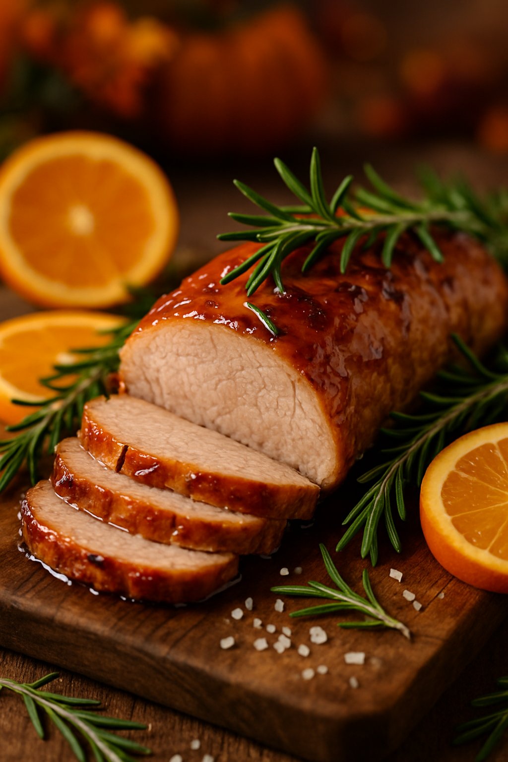 Sliced roasted pork tenderloin glazed with orange sauce and garnished with rosemary on a wooden cutting board, surrounded by orange slices and rosemary sprigs.