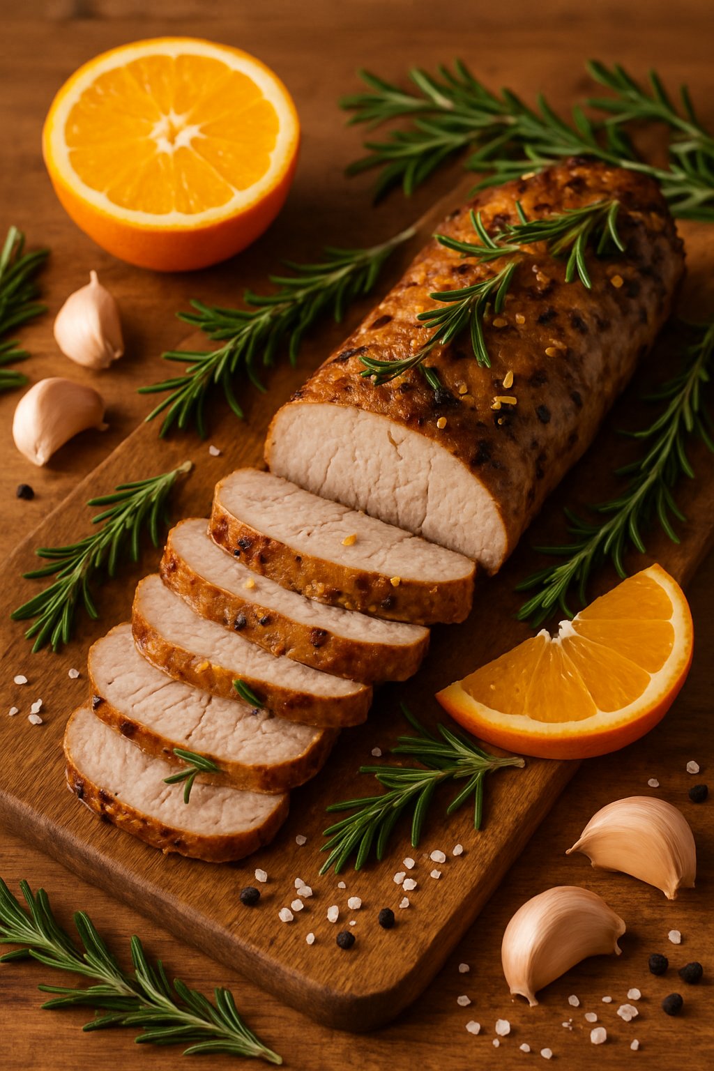 Sliced pork tenderloin garnished with rosemary and orange slices on a wooden cutting board surrounded by fresh rosemary, oranges, garlic, salt, and pepper.