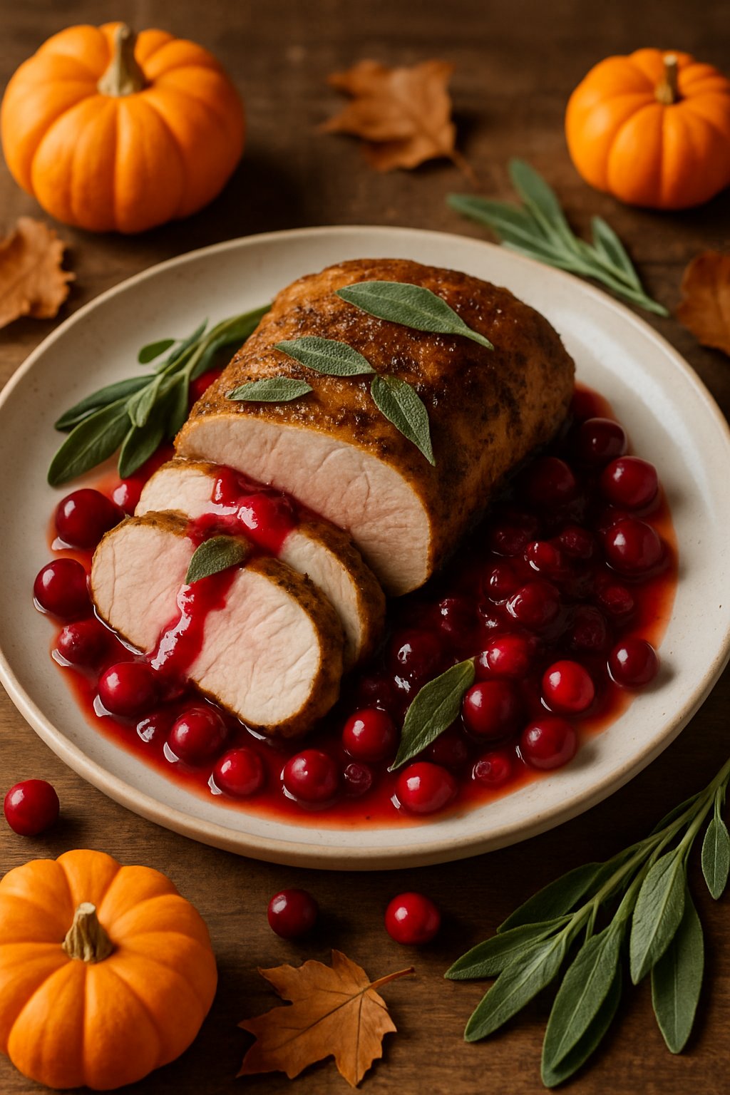 A sliced pork tenderloin with cranberry sauce and sage on a plate surrounded by autumn decorations on a wooden table.
