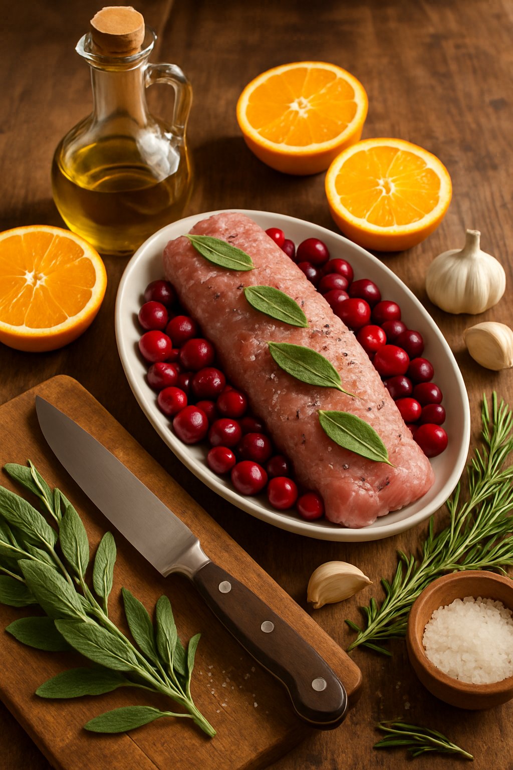 Fresh ingredients including pork tenderloin, cranberries, sage, garlic, and herbs arranged on a wooden table for a Thanksgiving recipe.