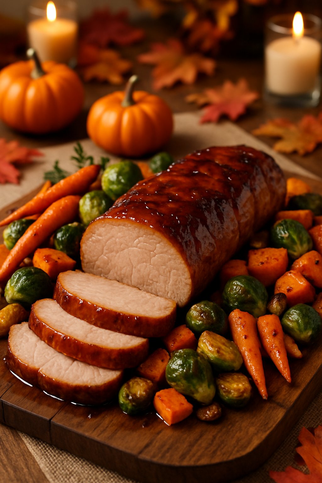 A sliced maple glazed pork tenderloin on a wooden board surrounded by roasted carrots, Brussels sprouts, and sweet potatoes on a Thanksgiving table with autumn decorations.