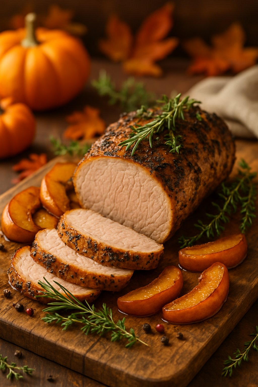 A roasted pork tenderloin garnished with herbs and surrounded by roasted apple slices on a wooden board with autumn decorations in the background.