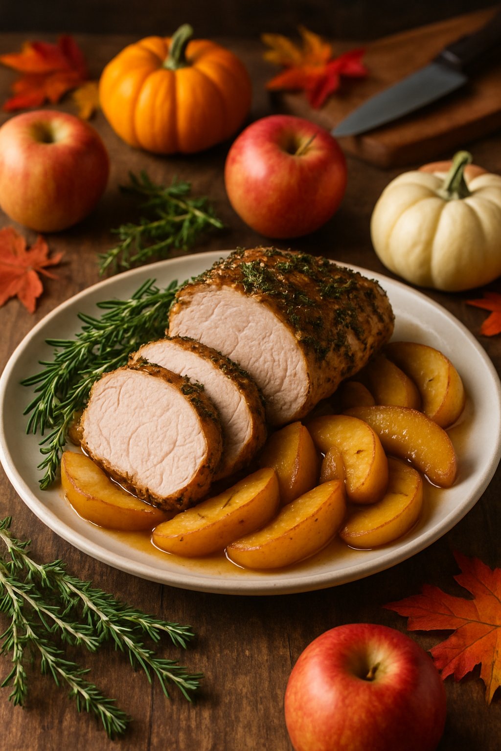 A plate of herb roasted pork tenderloin sliced and served with caramelized apples on a wooden table with autumn decorations.