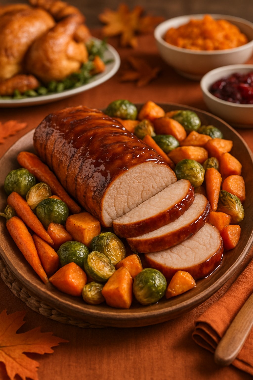 A sliced maple glazed pork tenderloin surrounded by roasted carrots, Brussels sprouts, and sweet potatoes on a wooden platter.