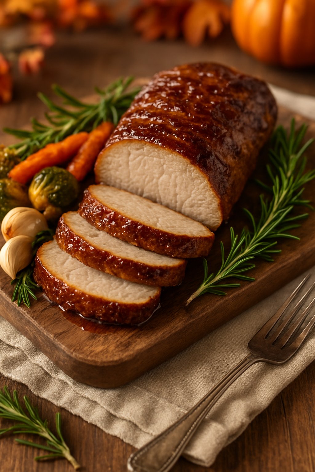 Sliced brown sugar and mustard glazed pork tenderloin on a wooden cutting board with rosemary and roasted vegetables.