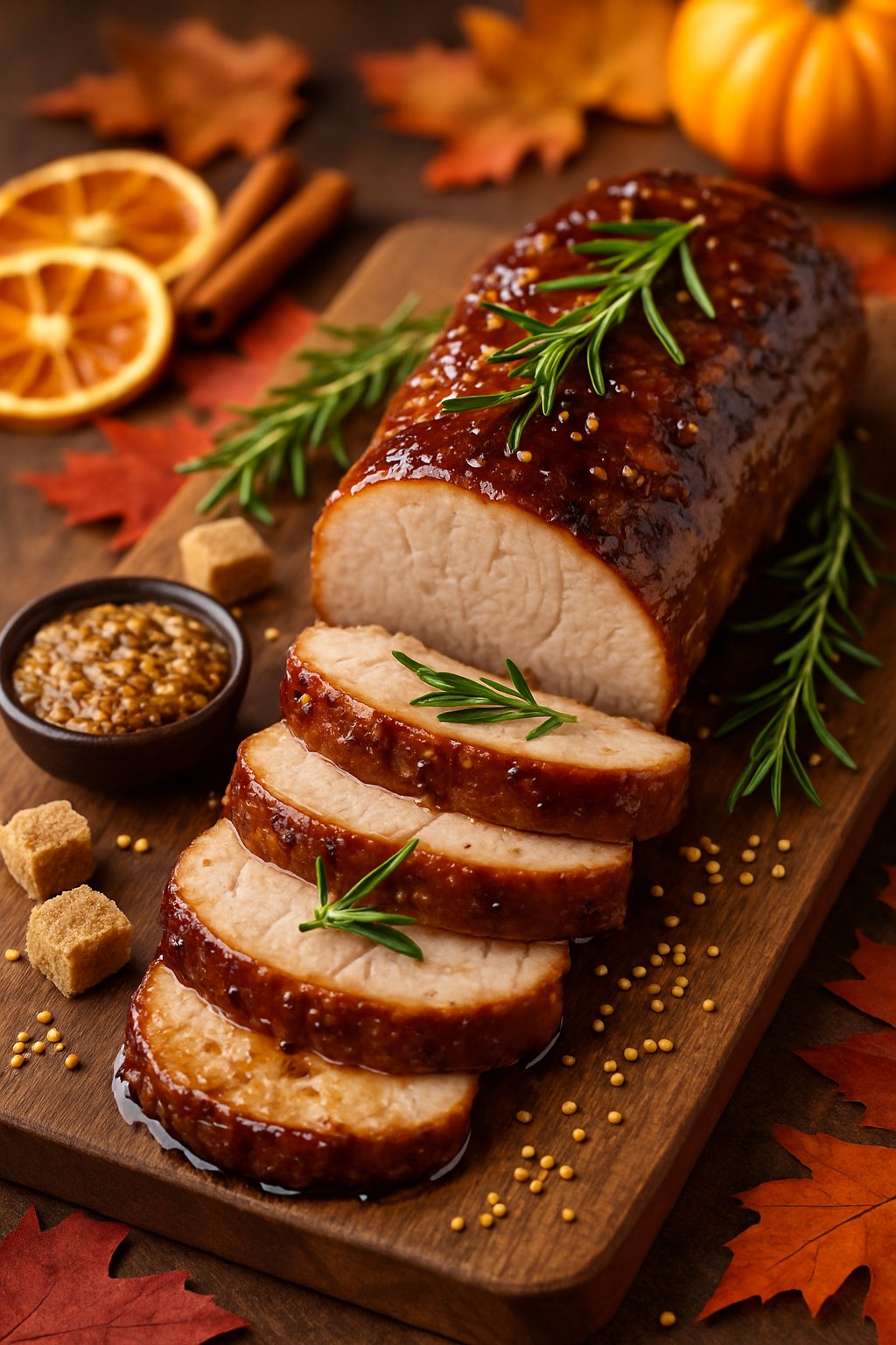 Sliced pork tenderloin glazed with brown sugar and mustard on a wooden board, garnished with rosemary and surrounded by autumn decorations.
