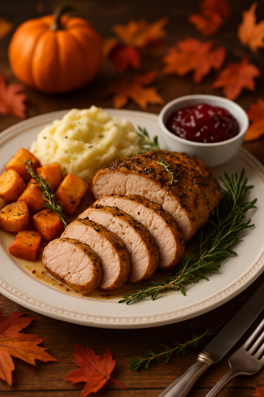 A plate with sliced garlic Dijon pork tenderloin served with roasted vegetables, mashed potatoes, and cranberry sauce on a wooden table with autumn decorations.