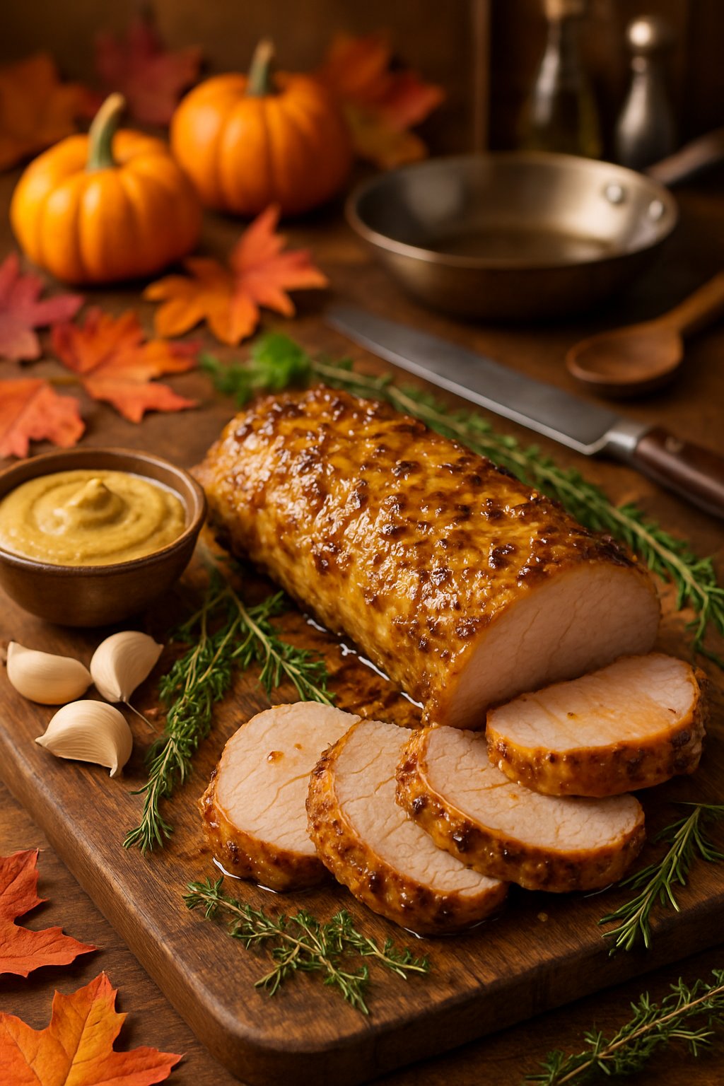 Sliced pork tenderloin with garlic Dijon sauce on a wooden board surrounded by garlic, mustard, and autumn decorations in a kitchen setting.