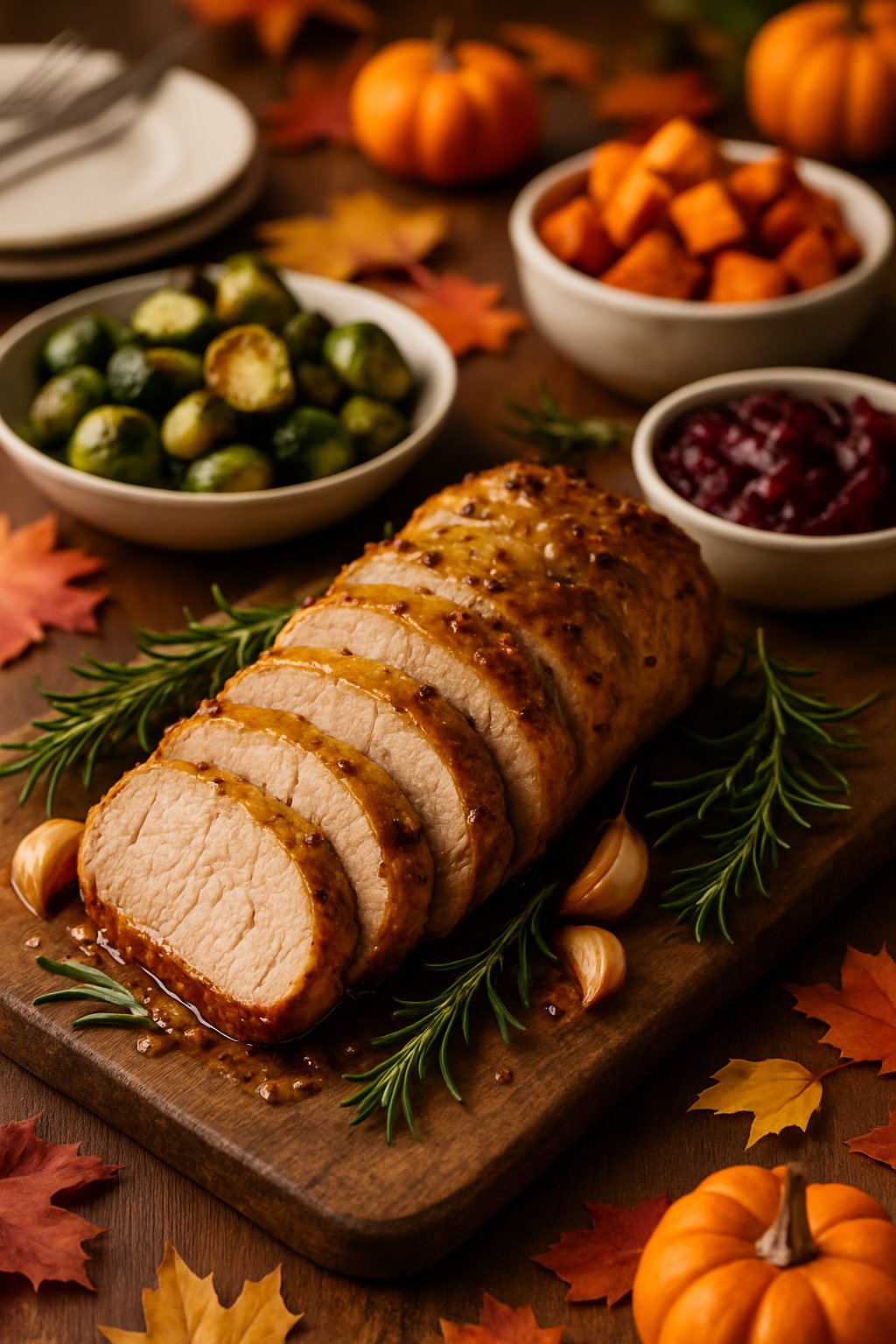 Sliced roasted pork tenderloin with garlic Dijon sauce on a wooden board, surrounded by roasted vegetables and Thanksgiving side dishes on a decorated dining table.