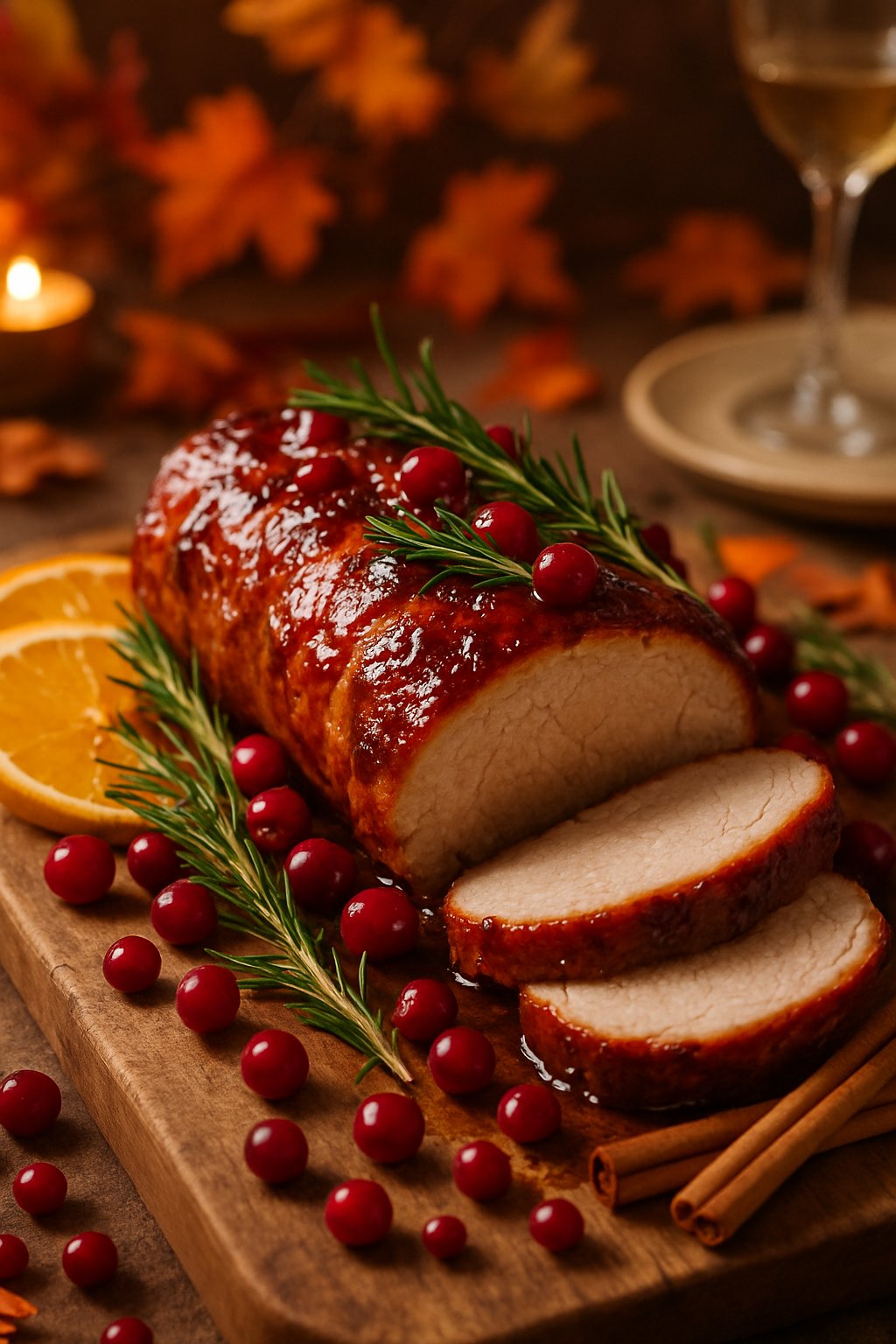 Sliced glazed pork tenderloin garnished with rosemary and cranberries on a wooden board surrounded by orange slices and fall decorations.
