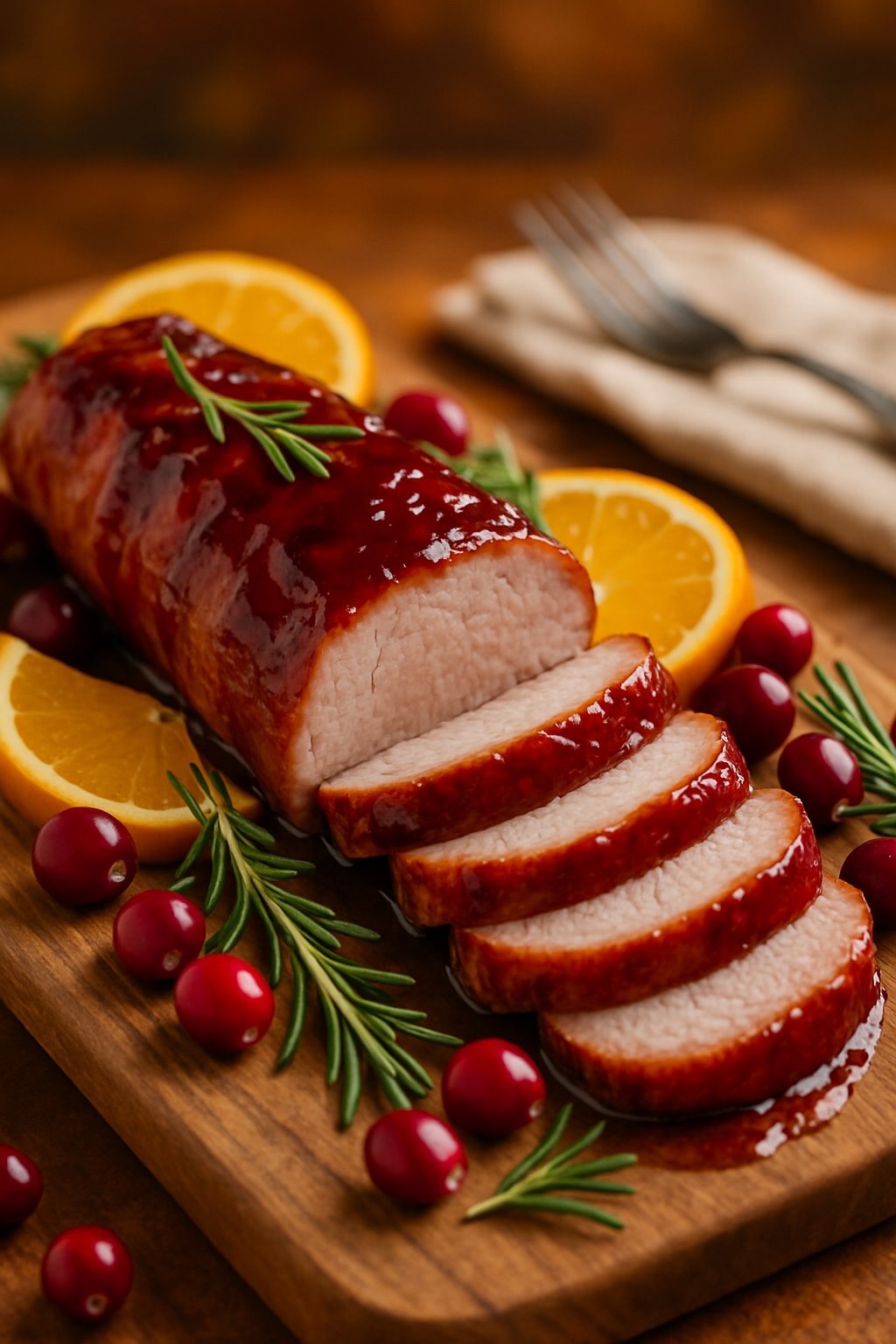 Sliced cranberry orange glazed pork tenderloin on a wooden cutting board with fresh cranberries, orange slices, and rosemary sprigs.