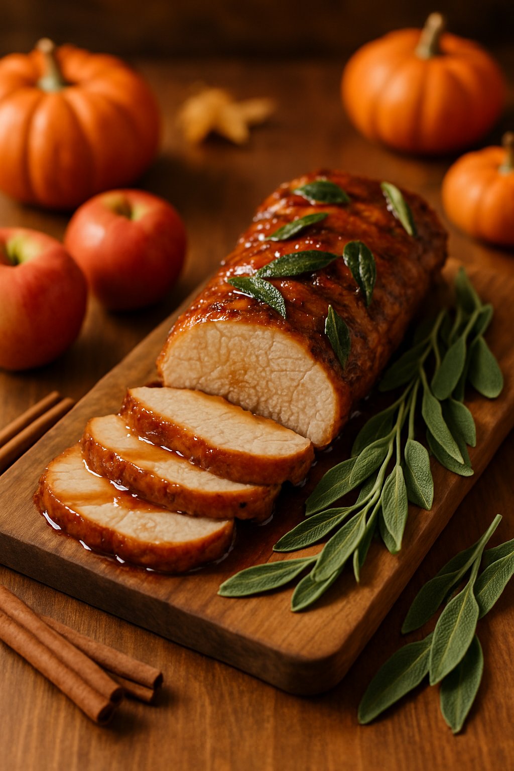 Sliced pork tenderloin glazed with apple cider and garnished with fresh sage on a wooden board surrounded by apples and autumn decorations.