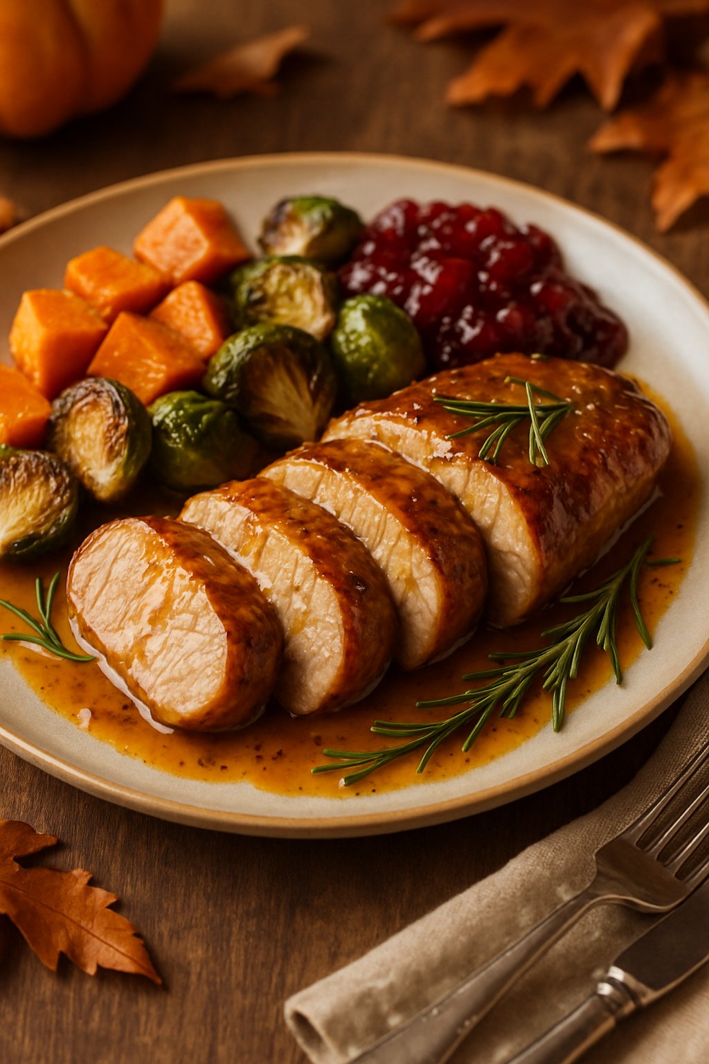 A plate of sliced mustard and maple glazed pork tenderloin with roasted vegetables and cranberry sauce on a wooden table.