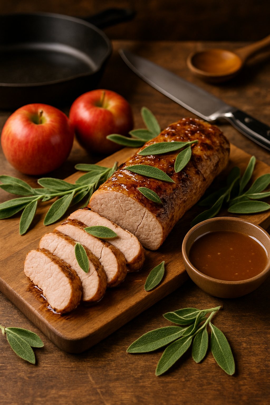 Sliced pork tenderloin garnished with fresh sage on a wooden cutting board surrounded by apples and cooking utensils.