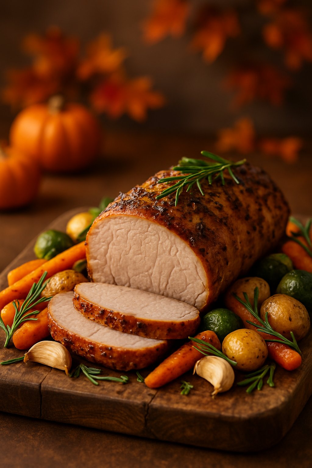 A roasted pork tenderloin with garlic and rosemary served with roasted vegetables on a wooden board.