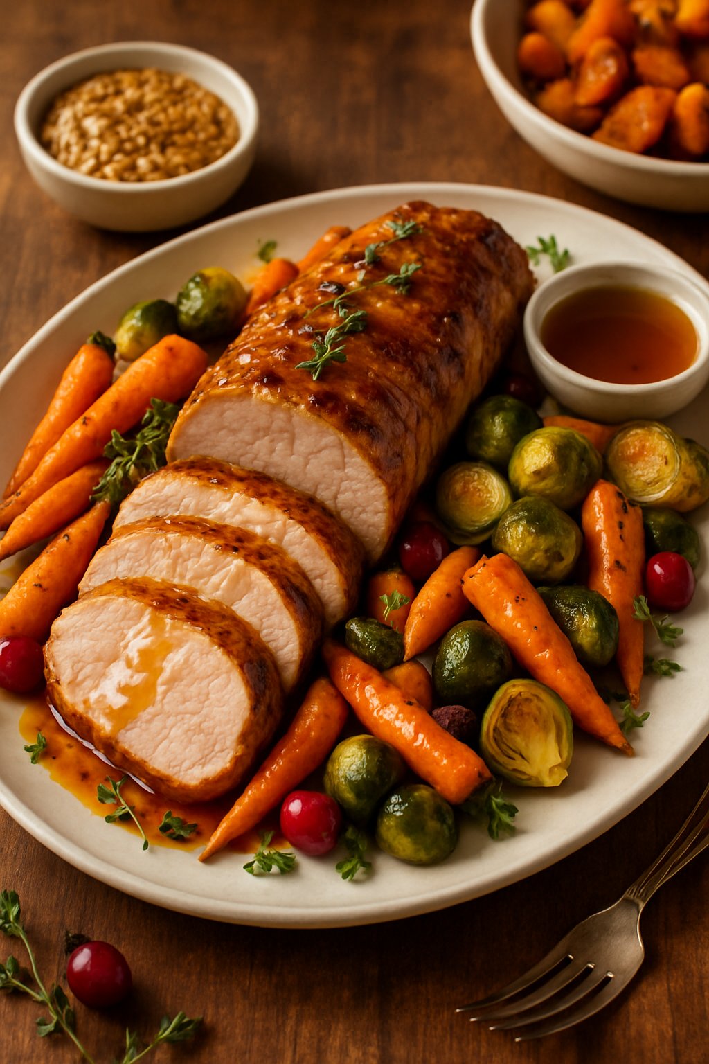 A plated Thanksgiving meal featuring sliced mustard and maple glazed pork tenderloin with roasted vegetables and garnishes on a wooden table.