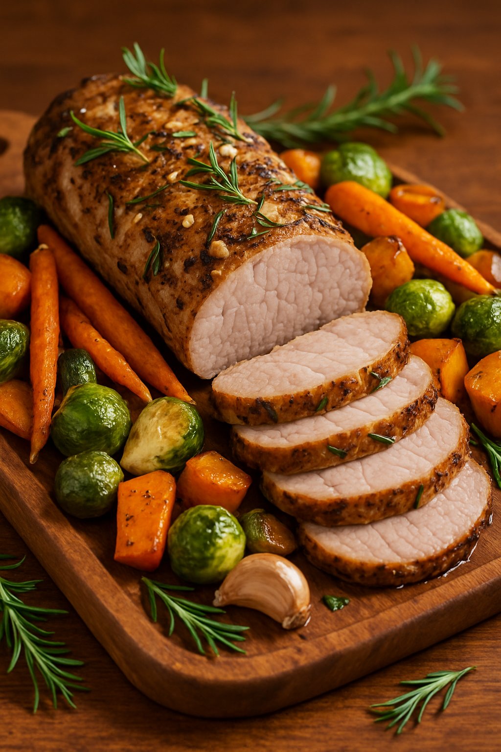 Sliced garlic and rosemary pork tenderloin served with roasted carrots, Brussels sprouts, and sweet potatoes on a wooden board.