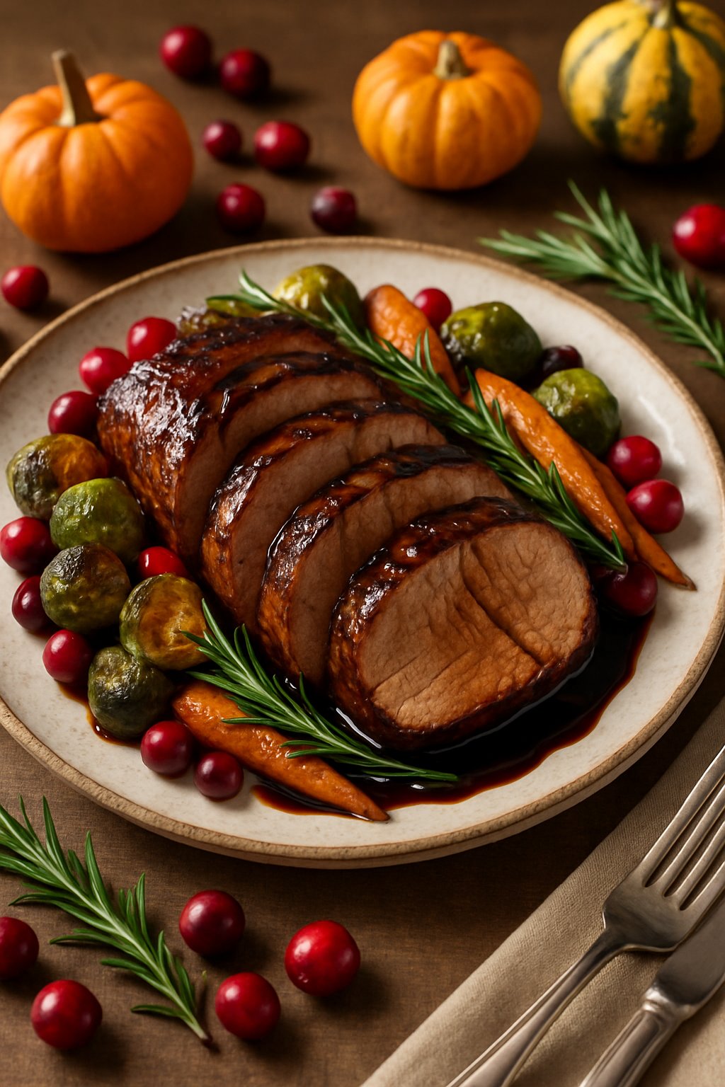 A plate of sliced balsamic and brown sugar glazed pork tenderloin garnished with rosemary, surrounded by roasted vegetables and autumn decorations.