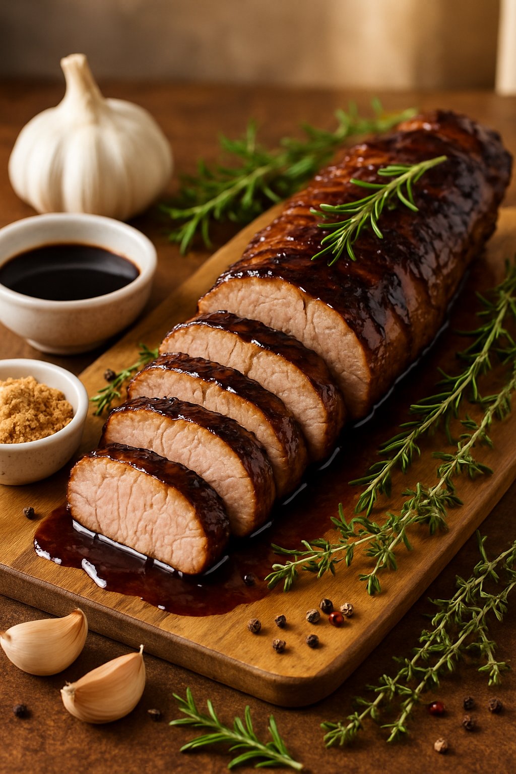 Sliced glazed pork tenderloin on a wooden board surrounded by fresh herbs, garlic, balsamic vinegar, and brown sugar.