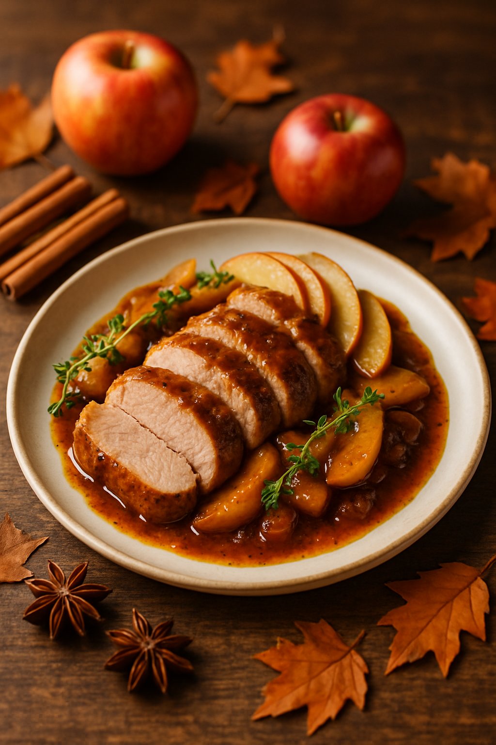 A plated sliced pork tenderloin with apple and spice sauce, garnished with thyme and apple slices, surrounded by apples and spices on a wooden table.