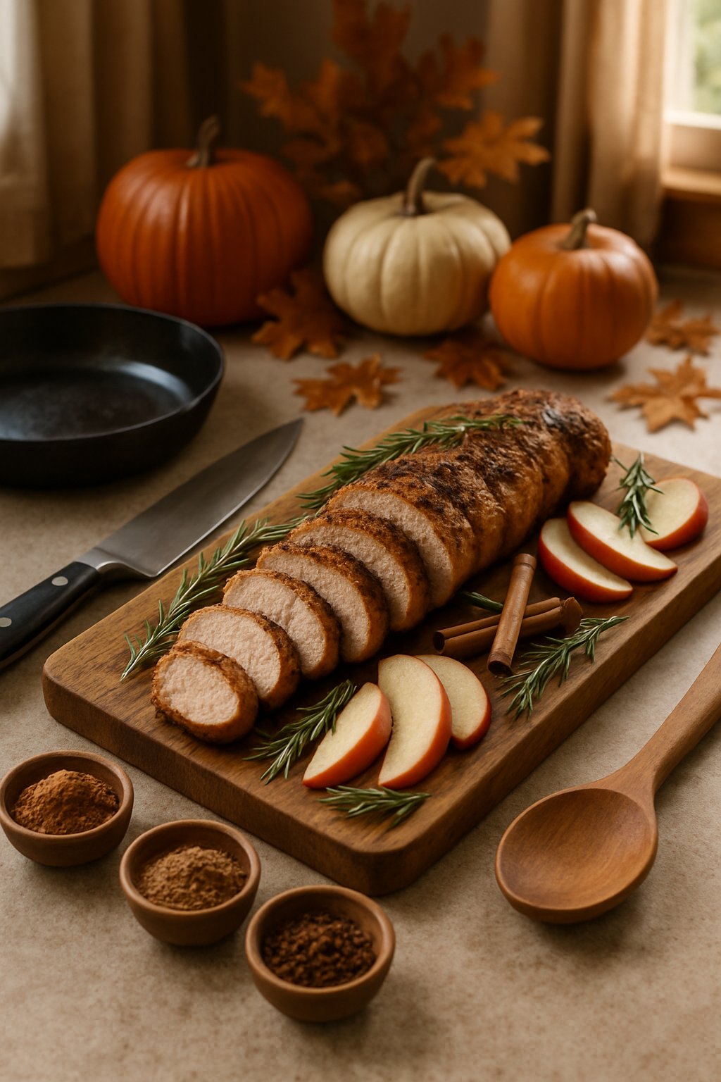 Sliced spiced apple pork tenderloin on a wooden cutting board surrounded by cooking utensils and autumn decorations in a kitchen.