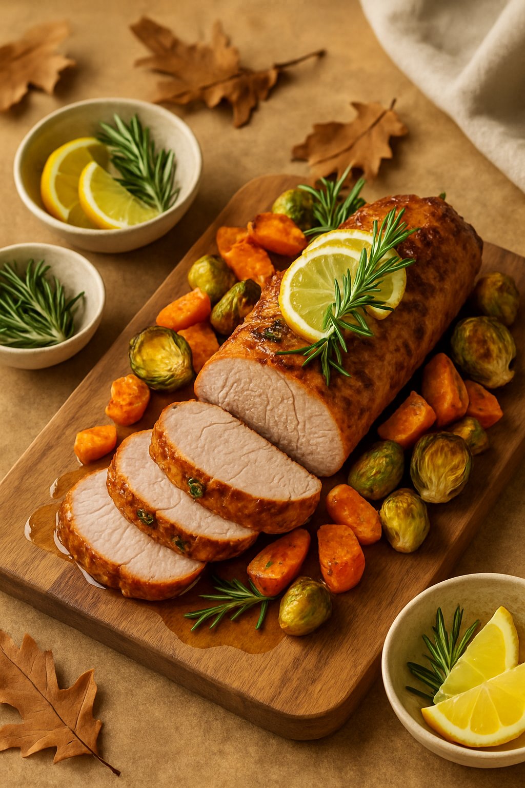 A roasted pork tenderloin garnished with rosemary and lemon slices on a wooden board, surrounded by roasted vegetables and lemon wedges.