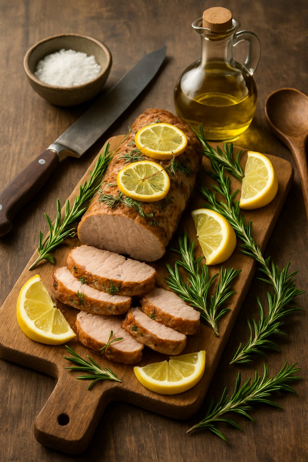 Sliced pork tenderloin garnished with rosemary and lemon on a wooden cutting board surrounded by cooking utensils in a kitchen setting.