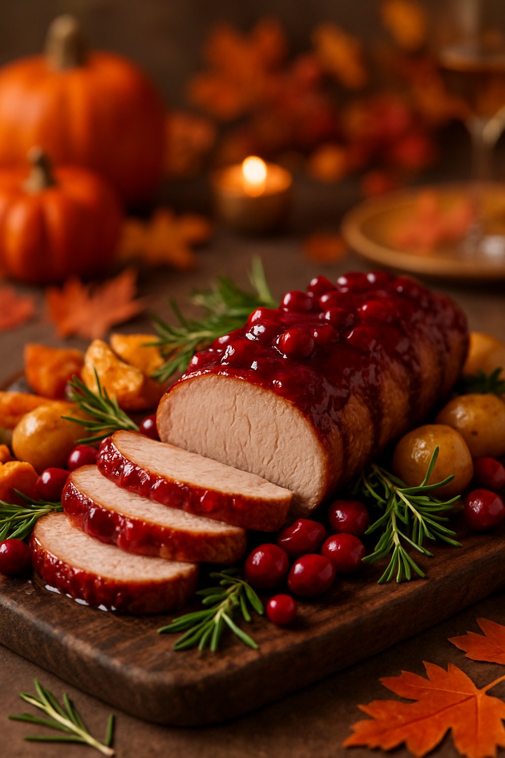 Sliced cranberry glazed pork tenderloin on a wooden board surrounded by fresh cranberries, rosemary, and autumnal garnishes on a fall-themed table.
