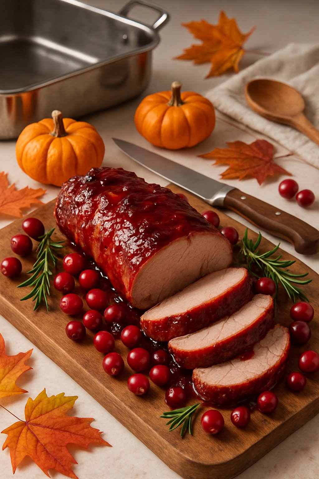 Sliced cranberry glazed pork tenderloin on a wooden cutting board with fresh cranberries and rosemary, surrounded by kitchen tools and autumn decorations.