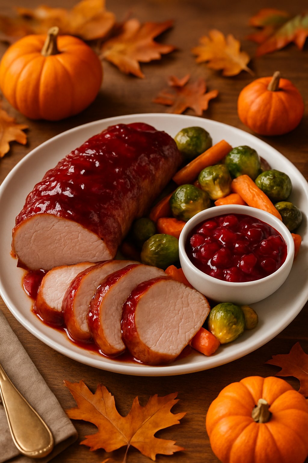 A plated pork tenderloin glazed with cranberry sauce, served with roasted vegetables on a wooden table with autumn decorations.