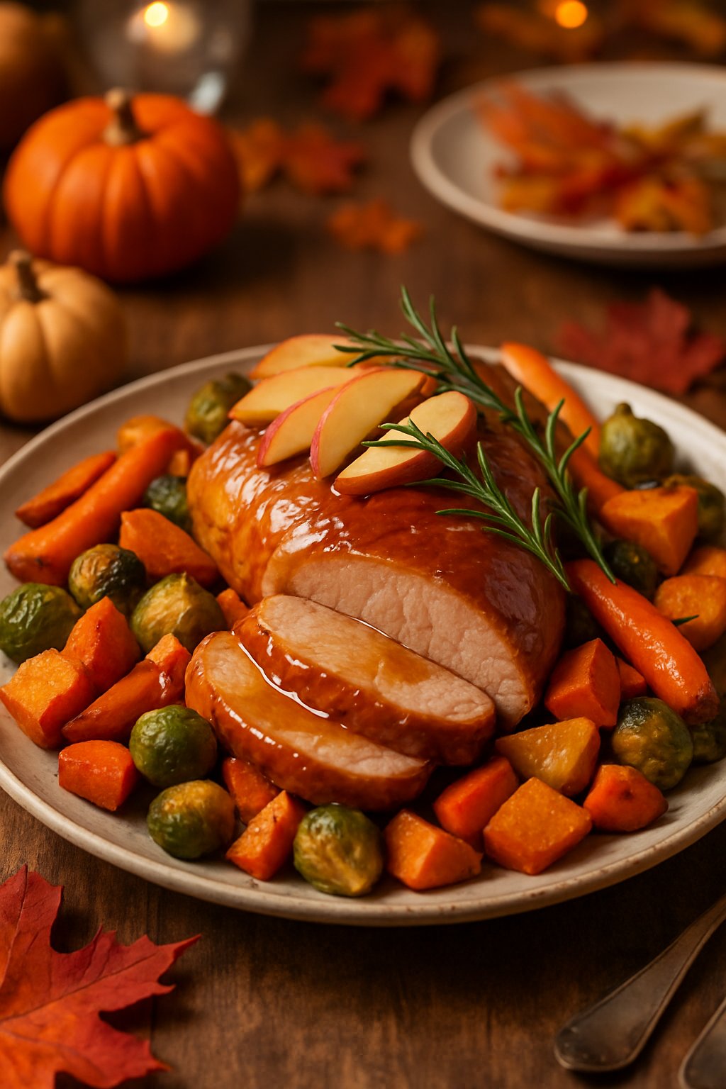 A plated maple apple pork tenderloin with roasted autumn vegetables on a wooden table decorated with small pumpkins and fall leaves.