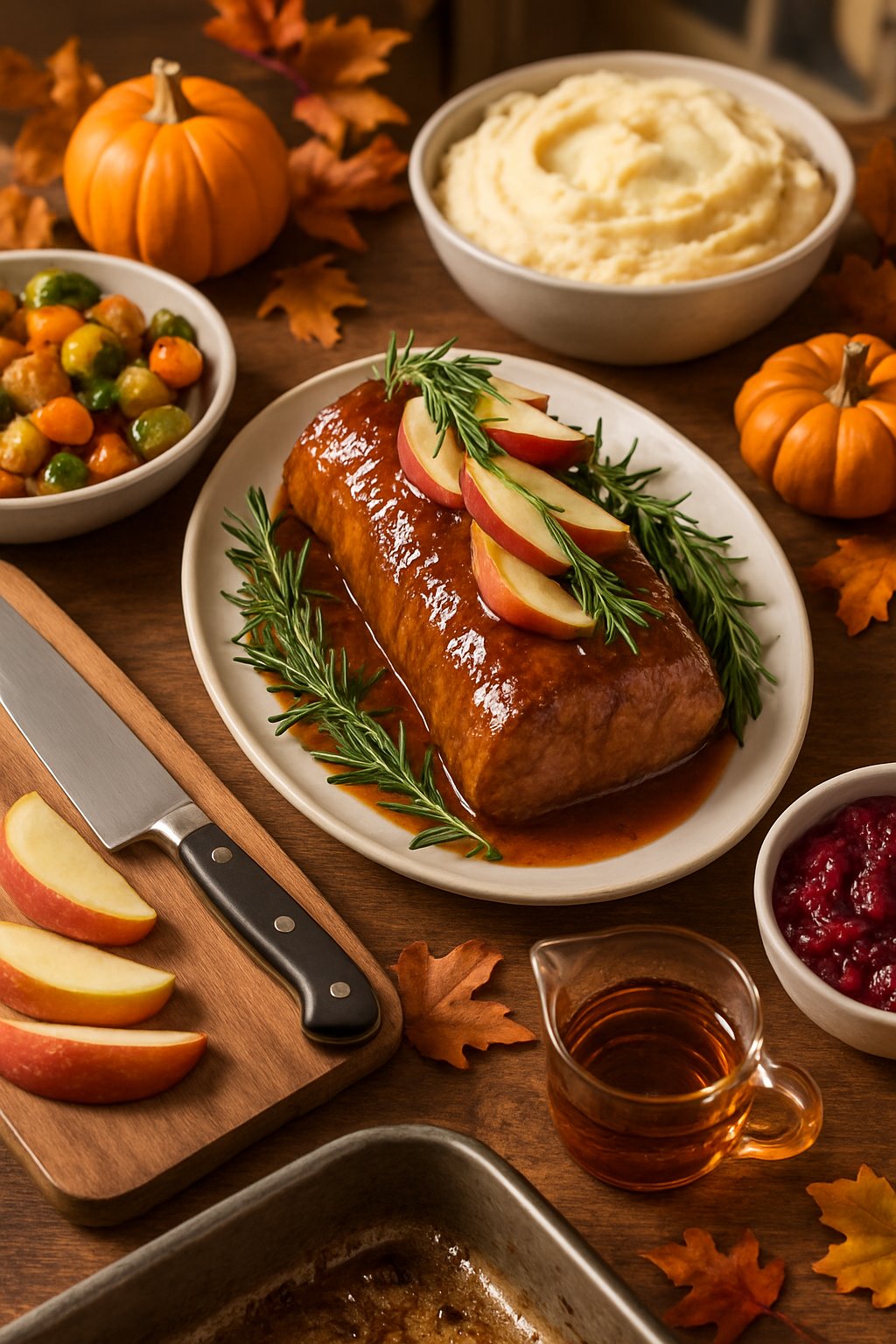 A maple apple pork tenderloin on a rustic wooden table surrounded by Thanksgiving side dishes and cooking equipment.