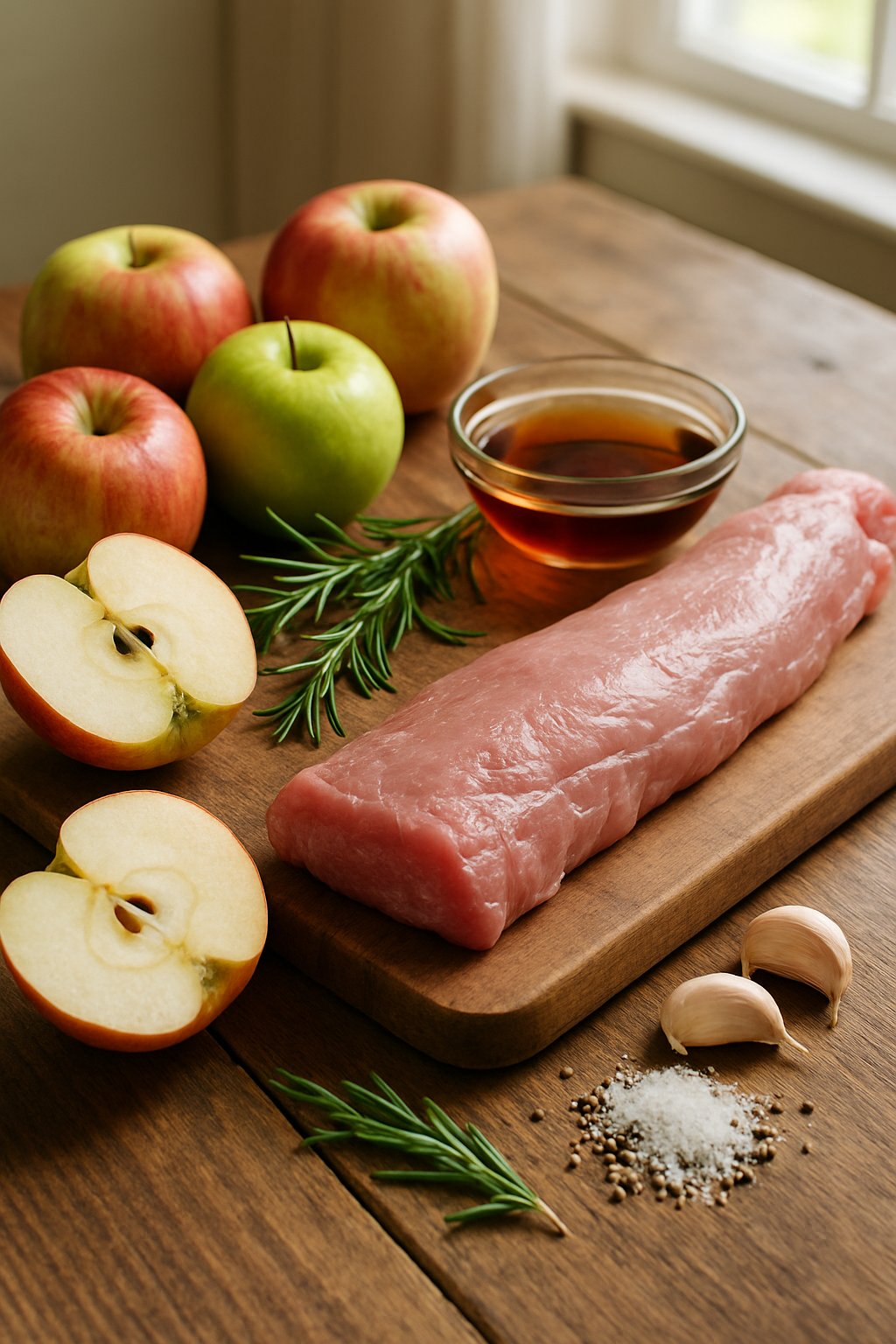 Raw pork tenderloin on a cutting board surrounded by apples, maple syrup, garlic, rosemary, salt, and pepper on a wooden table.