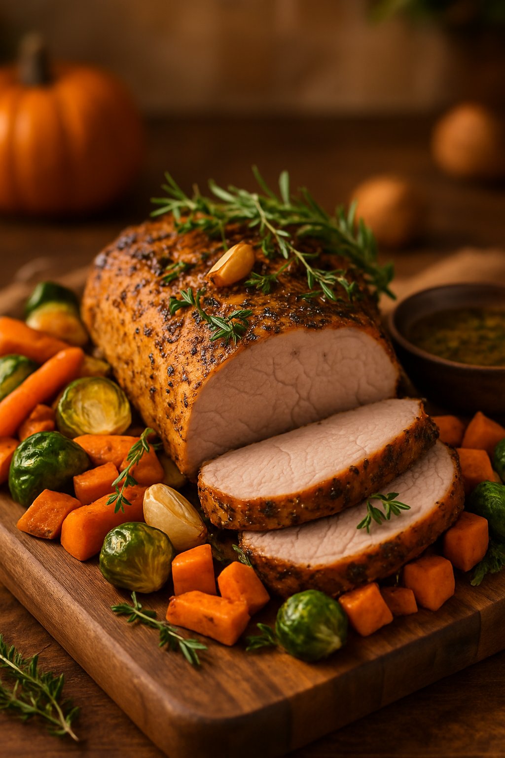 Sliced garlic and herb roasted pork tenderloin on a wooden cutting board with roasted vegetables and fresh herbs.