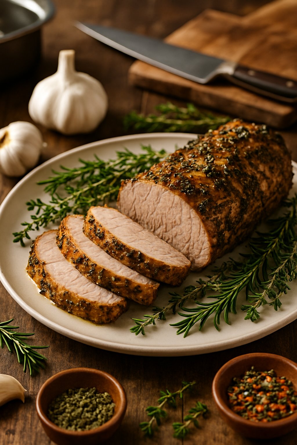 A plate of sliced garlic and herb roasted pork tenderloin with fresh herbs and garlic on a wooden table, with kitchen equipment in the background.