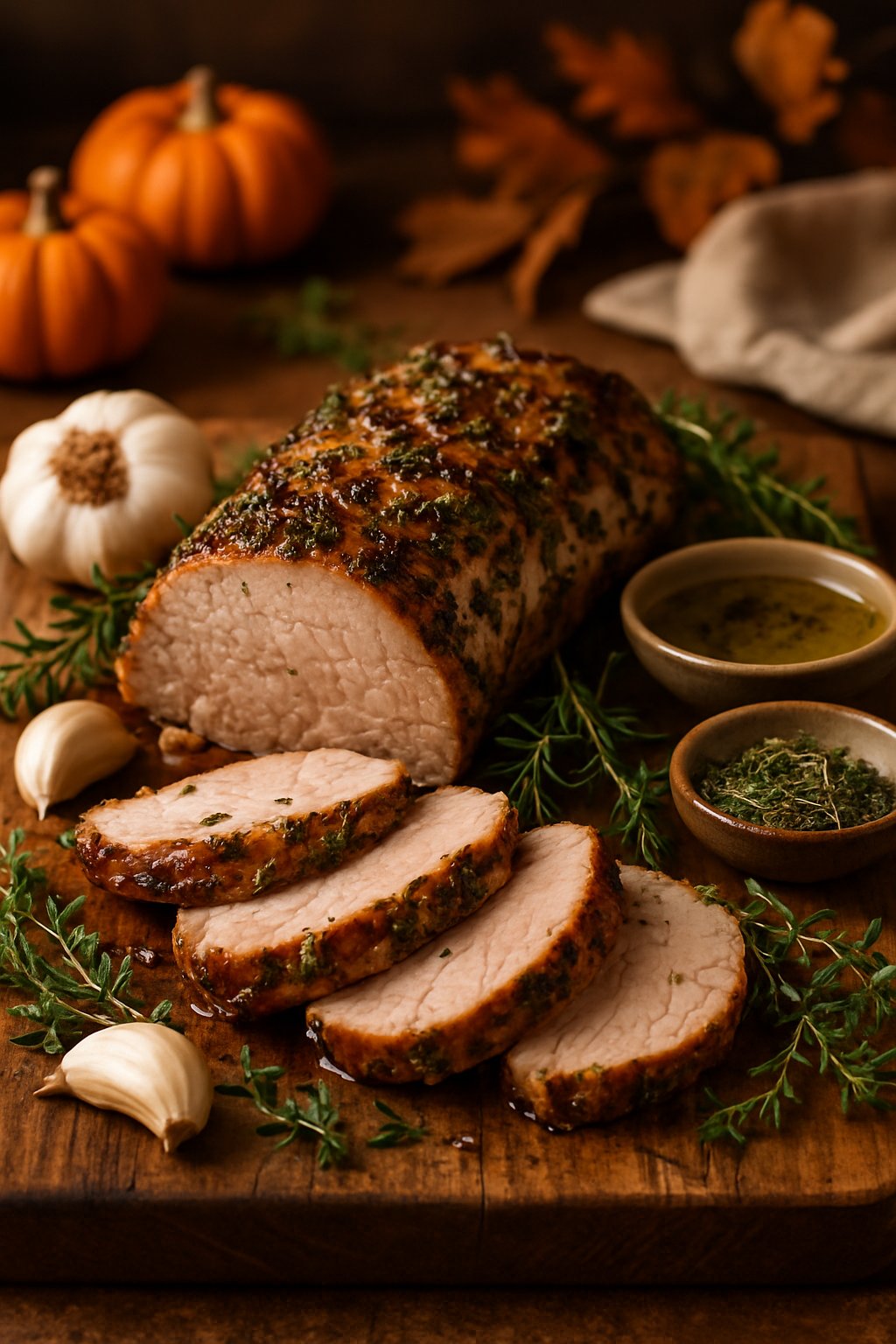 A sliced roasted pork tenderloin with garlic and herbs on a wooden cutting board surrounded by fresh garlic, rosemary, and thyme in a warm kitchen setting.