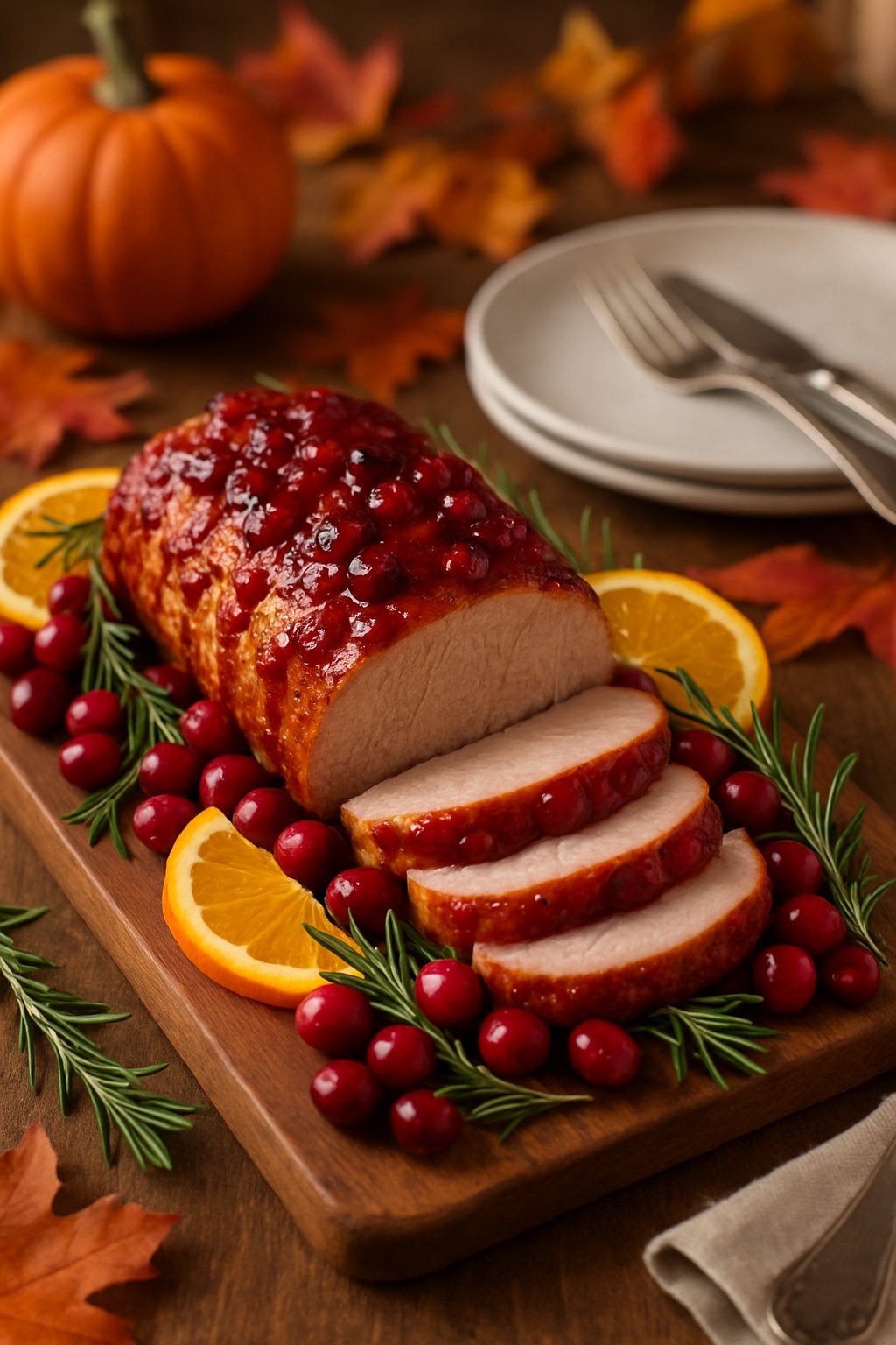 A plate of sliced pork tenderloin with orange cranberry sauce garnished with cranberries and orange slices on a wooden board surrounded by autumn decorations.