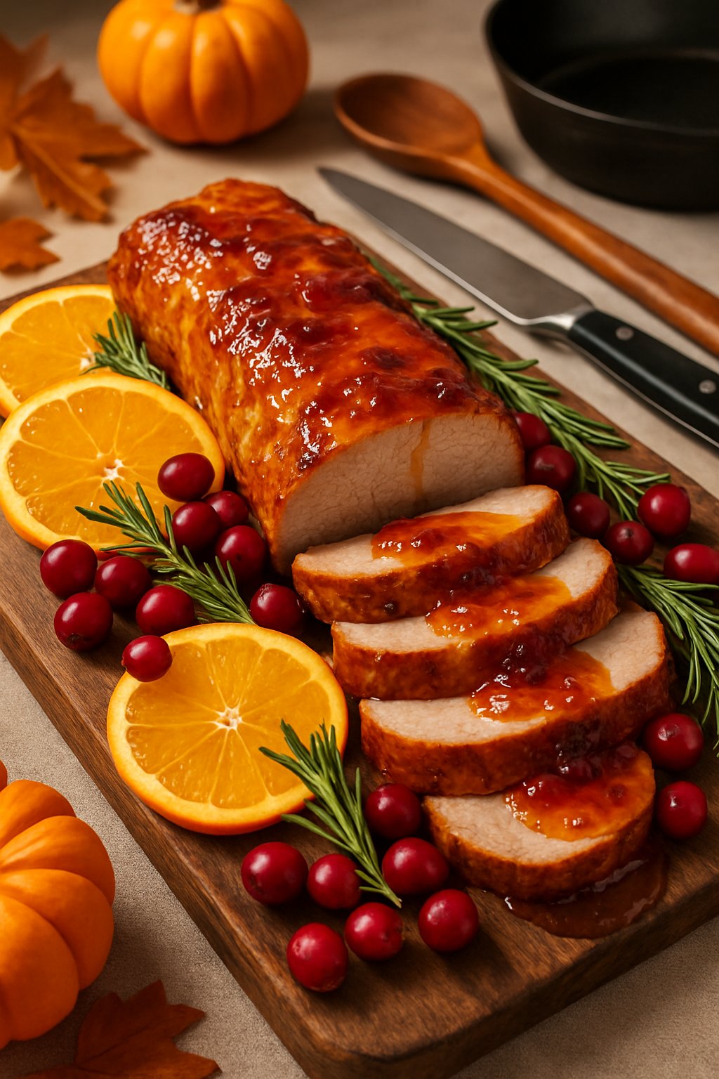 A plated pork tenderloin with orange and cranberry sauce on a wooden board surrounded by fresh cranberries, orange slices, and kitchen utensils.