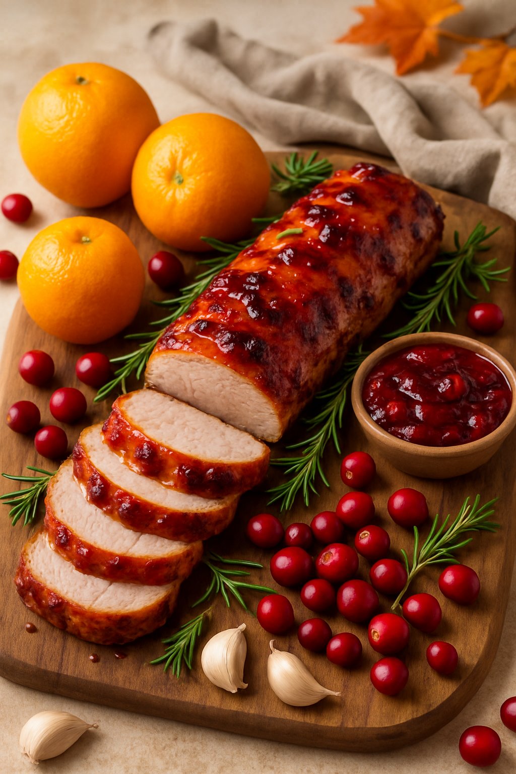Sliced pork tenderloin with orange cranberry sauce on a wooden board surrounded by fresh oranges, cranberries, rosemary, and garlic on a kitchen countertop.