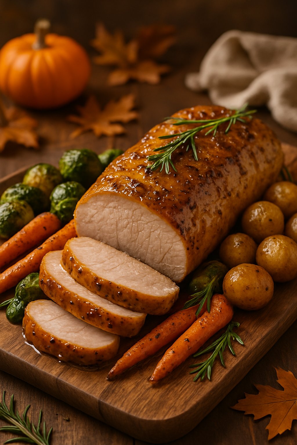 A sliced honey mustard glazed pork tenderloin on a wooden board with roasted vegetables and autumn decorations.